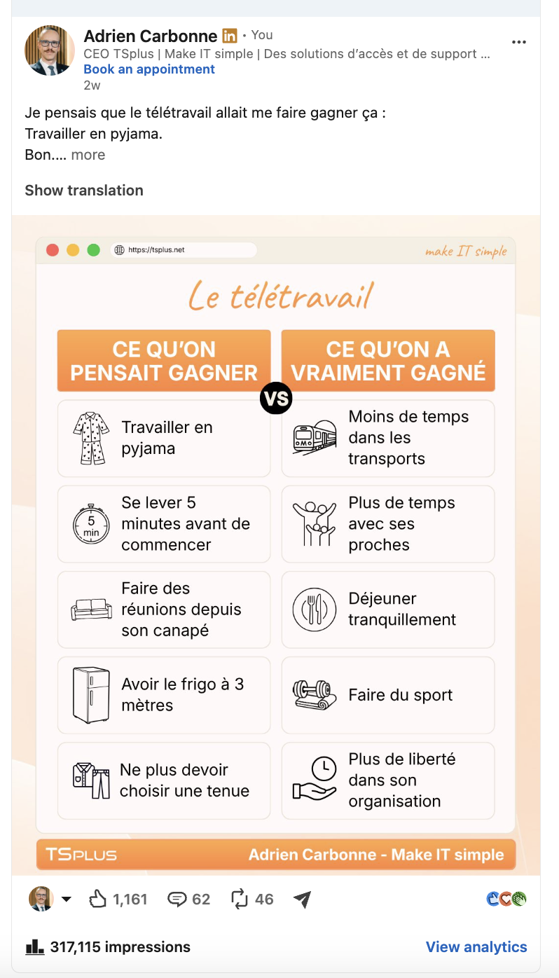 Publication LinkedIn réalisée pour Adrien Carbonne